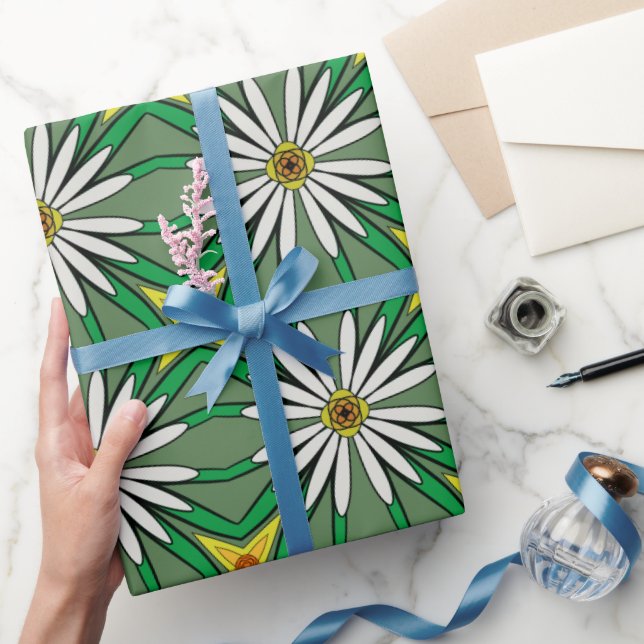 Papel De Regalo Interpretación floral Daisias blancas, hojas verde (Regalar)