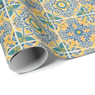 Papel De Regalo Intrincado patrón geométrico con azul, amarillo