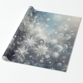 Papel De Regalo Invierno de copos de nieve plateados y azules