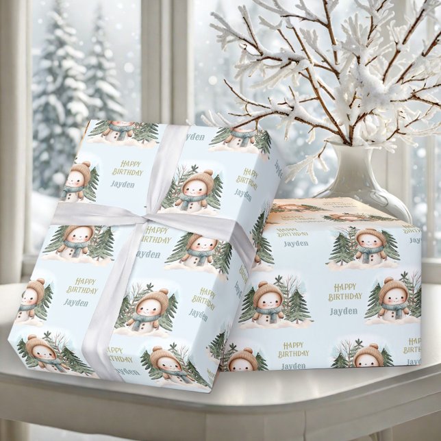 Papel De Regalo Invierno de invierno lindo hombre de nieve nombre  (Cute Snowman Winter 1st Birthday Boy Name Blue Wrapping Paper)