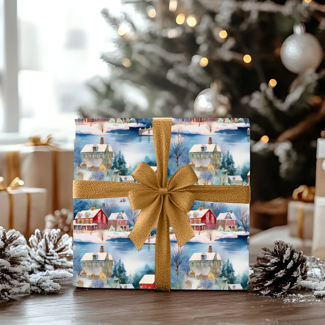 Papel De Regalo Invierno de nieve vacaciones Navidades en Nueva In (Snowy Winter Wonderland New England Village Landscape Christmas Holiday Ice Skating Wrapping Paper)