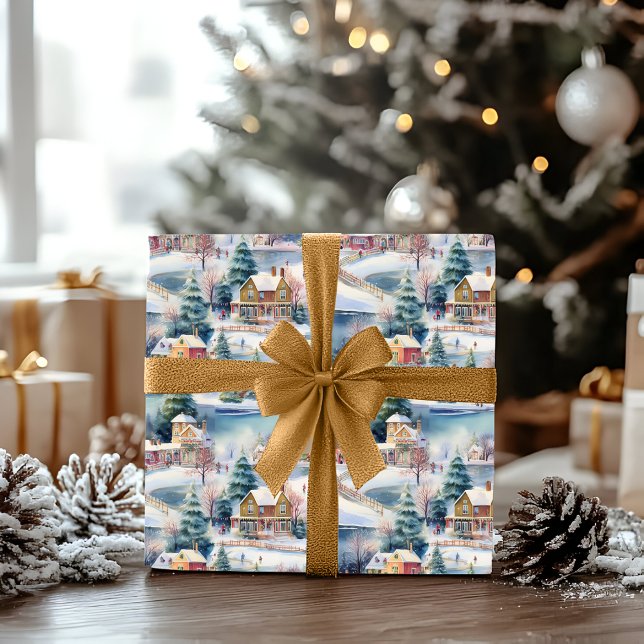 Papel De Regalo Invierno de nieve vacaciones Navidades en Nueva In (Snowy Winter Wonderland New England Village Frozen Pond Landscape Christmas Holiday Wrapping Paper)
