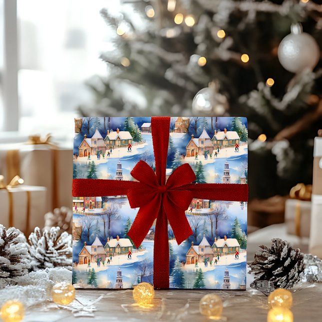 Papel De Regalo Invierno de nieve vacaciones Navidades en Nueva In (Snowy Winter Wonderland New England Village Landscape Ice Skating Christmas Holiday Wrapping Paper)