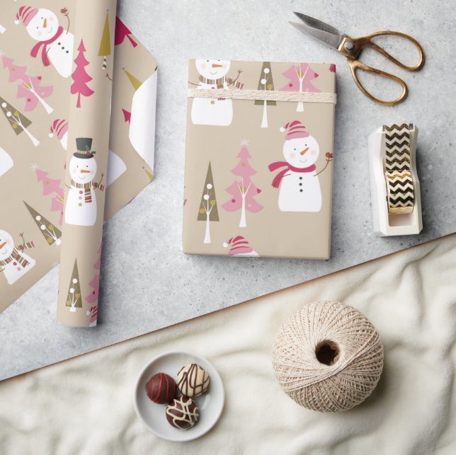 Papel De Regalo Invierno lindo Snowman Árboles de Navidad rosados  (Artesanía)