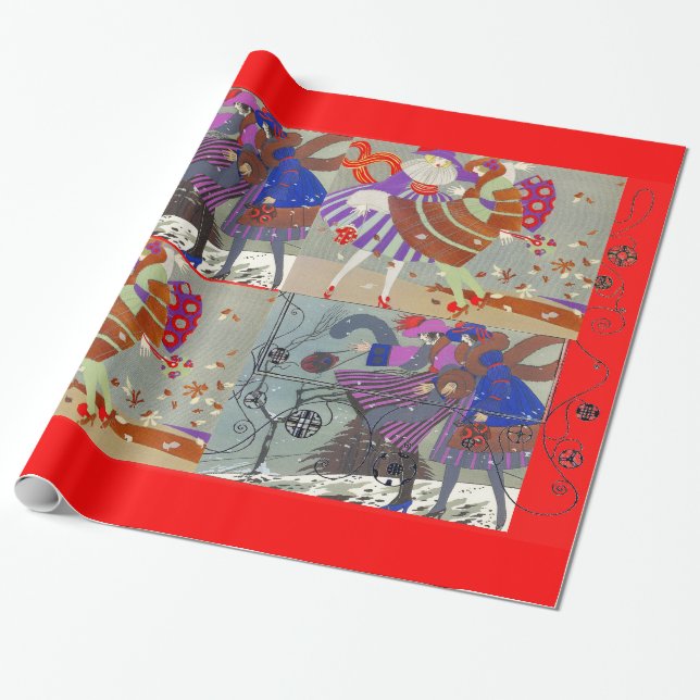 Papel De Regalo INVIERNO Y OTOÑO ART DECO BEAUTY FASHION, rojo (Desenrollado)