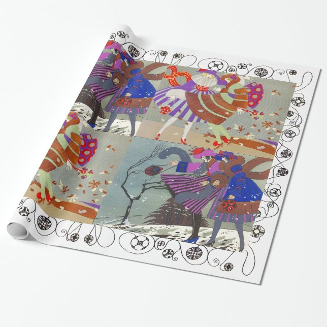 Papel De Regalo INVIERNO Y OTOÑO ART DECO BELLEZA MODA, blanco (Desenrollado)