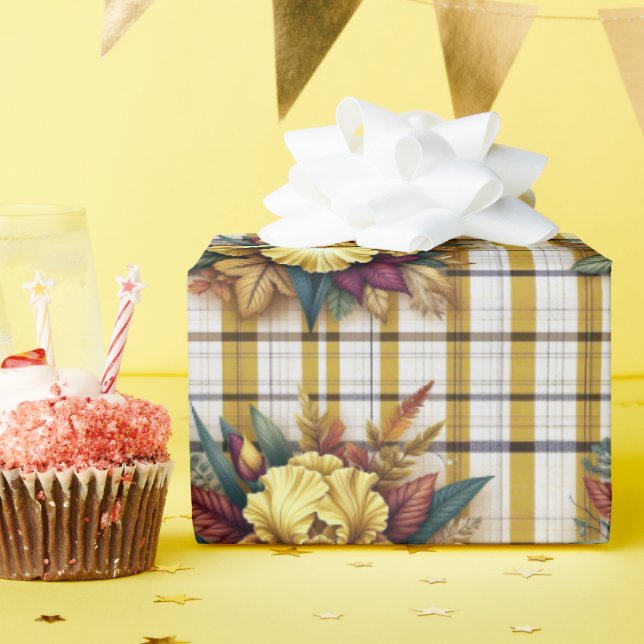 Papel De Regalo Iris amarillo con hojas otoñales en fondo revestid (Fiesta de cumpleaños )