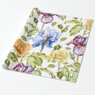 Papel De Regalo Iris y rosas acuarela patrón floral
