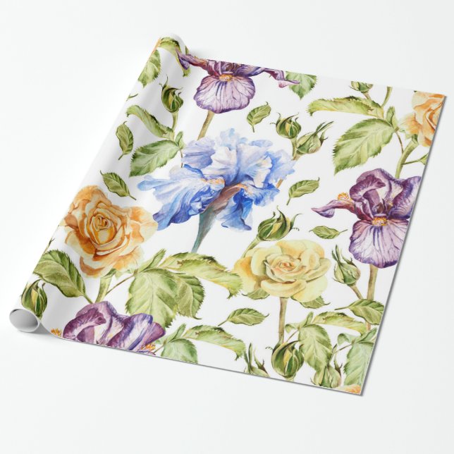 Papel De Regalo Iris y rosas acuarela patrón floral (Desenrollado)