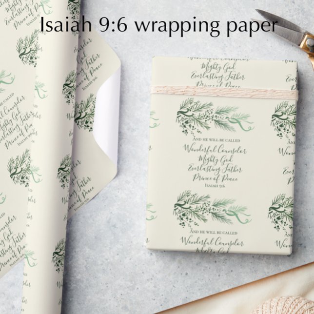 Papel De Regalo Isaías 9:6 Personalizado de guiones Navidades mode (Isaiah 9:6 original pine Christmas wrapping paper. Cream and sage elegant scripture gift wrap.)