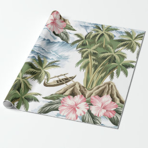 Papel De Regalo Isla de cosecha hawaiana, palmera, barco, rosa 