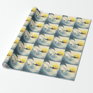 Papel De Regalo Isla tropical, ola, puesta de sol surfista.