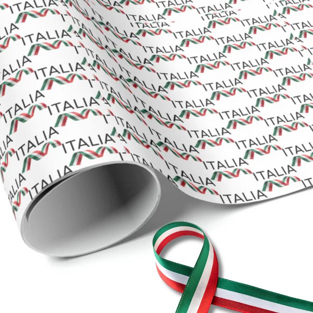 Papel De Regalo Italia Curly Ribbon  (Italia Black San Serif with Flag of Italy Curly Ribbon Repeat Wrapping paper)