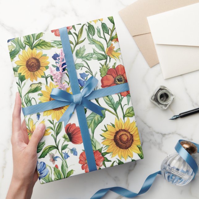 Papel De Regalo Italian Blue Red Yellow Sunflowers Floral Birthday (Regalar)