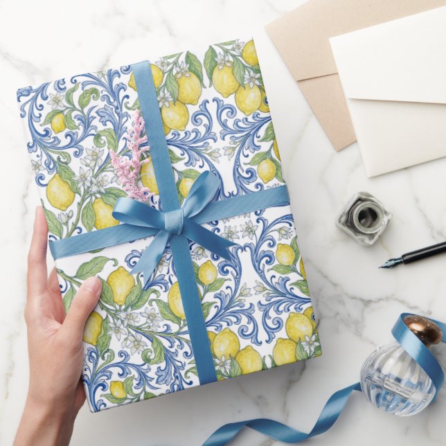 Papel De Regalo Italian Mediterranean Blue Lemon Floral (Regalar)