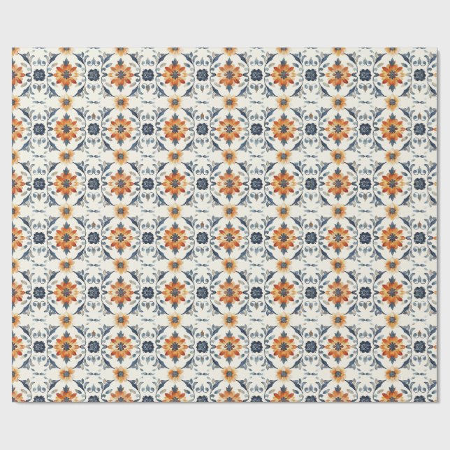 Papel De Regalo Italian Tile Gift Wrap, Terracotta Blue Pattern (Superficie plana)