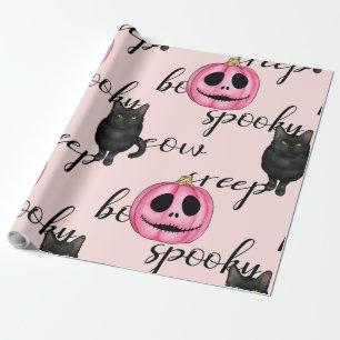 Papel De Regalo Jack-O-Lantern rosa y gato negro
