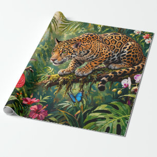 Papel De Regalo Jaguar Selva Colibríes Mariposas Flores