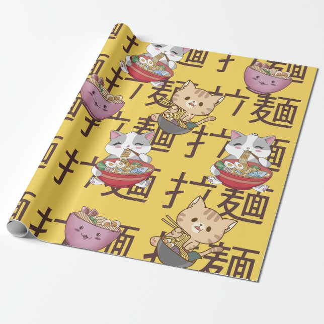 Papel De Regalo Japanese Kawaii Anime Cat Ramen Noodles (Desenrollado)