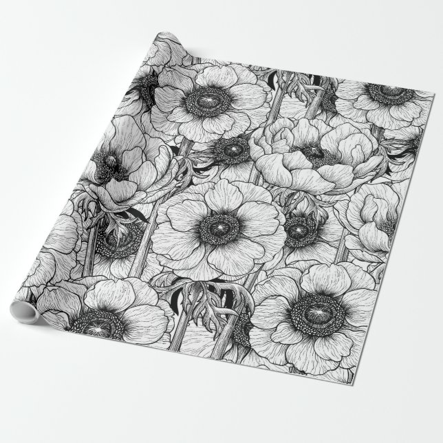 Papel De Regalo Jardín anémico en blanco y negro (Desenrollado)