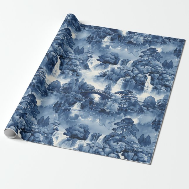 Papel De Regalo Jardín de agua japonés en porcelana azul blanca (Desenrollado)