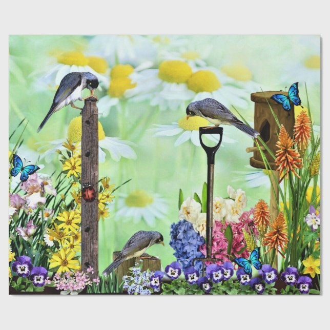Papel De Regalo Jardín de flores de la casa de pájaros (Superficie plana)