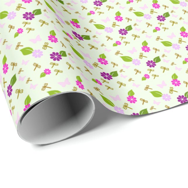 Papel de regalo Jardín de flores y libélulas  (Esquina del rollo)
