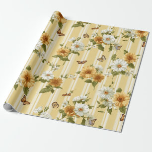 Papel De Regalo Jardín de Girasoles Dorados y Mariposas en Raya