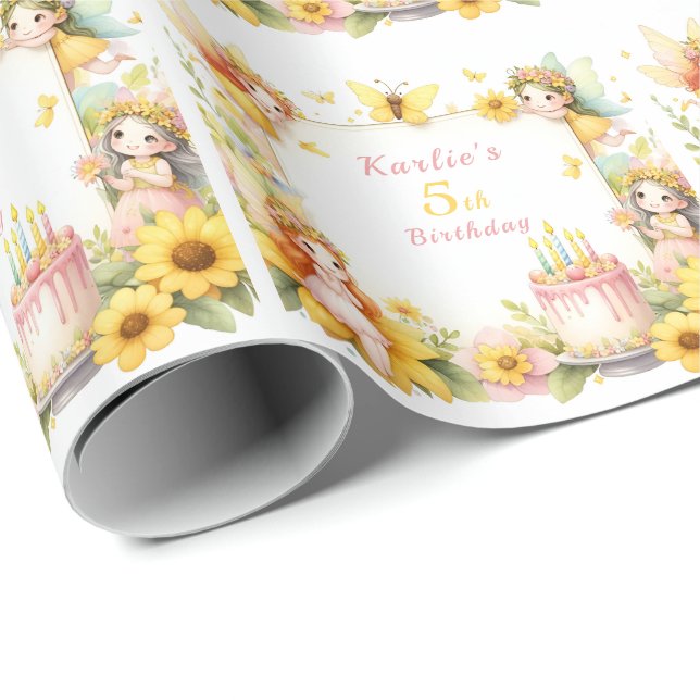 Papel De Regalo Jardín de hadas amarillo mágico - Cumpleaños (Esquina del rollo)
