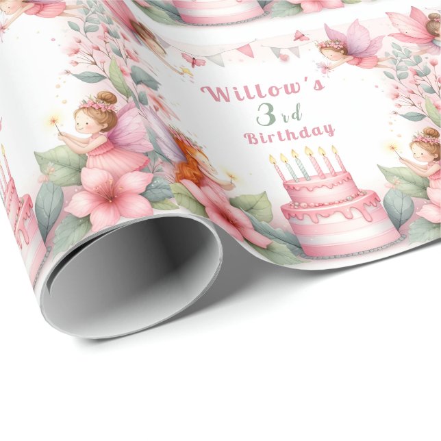 Papel De Regalo Jardín de hadas rosadas encantadas - Cumpleaños (Esquina del rollo)