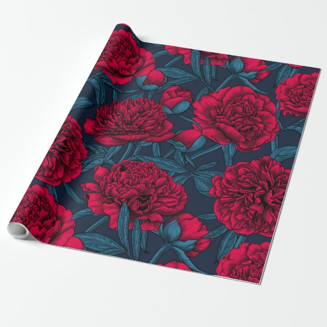 Papel De Regalo Jardín de peones rojos en azul oscuro (Desenrollado)