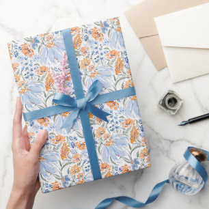 Papel De Regalo Jardín floral de acuarela azul y coral