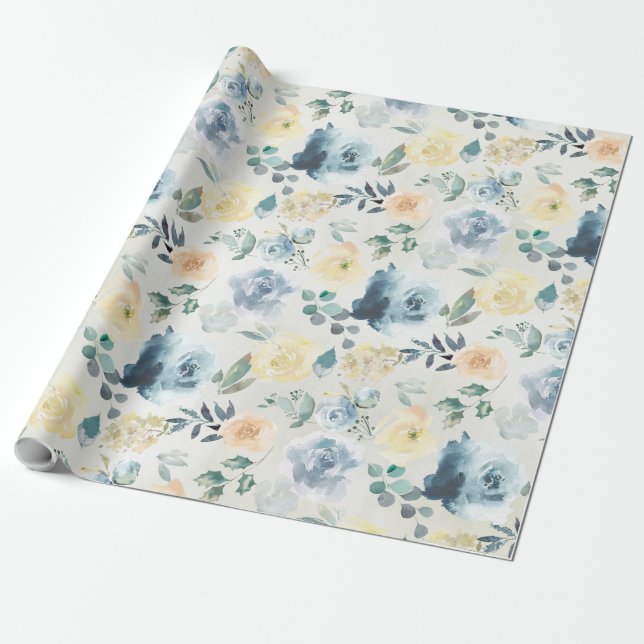 Papel De Regalo Jardín floral de Eucalipto azul y amarillo polvo (Desenrollado)