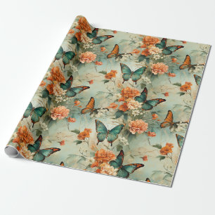 Papel De Regalo Jardín floral de mariposa azul verdoso vintage