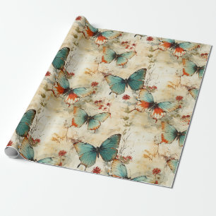 Papel De Regalo Jardín Floral de Mariposas Turquesa Soñador Cottag