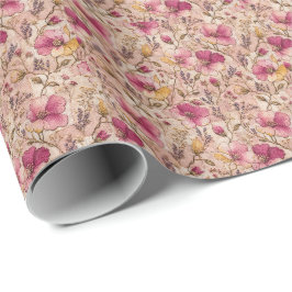 Papel De Regalo Jardín Floral Romántico de Cottage Rosa Flor Silve