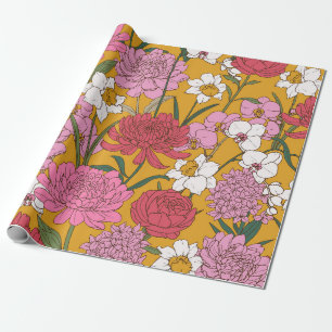 Papel De Regalo Jardín Floral Rosa Amarillo Mostaza Vibrante