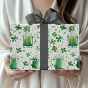 Papel De Regalo Jarras de Cerveza Verde Elegantes y Tréboles Blanc