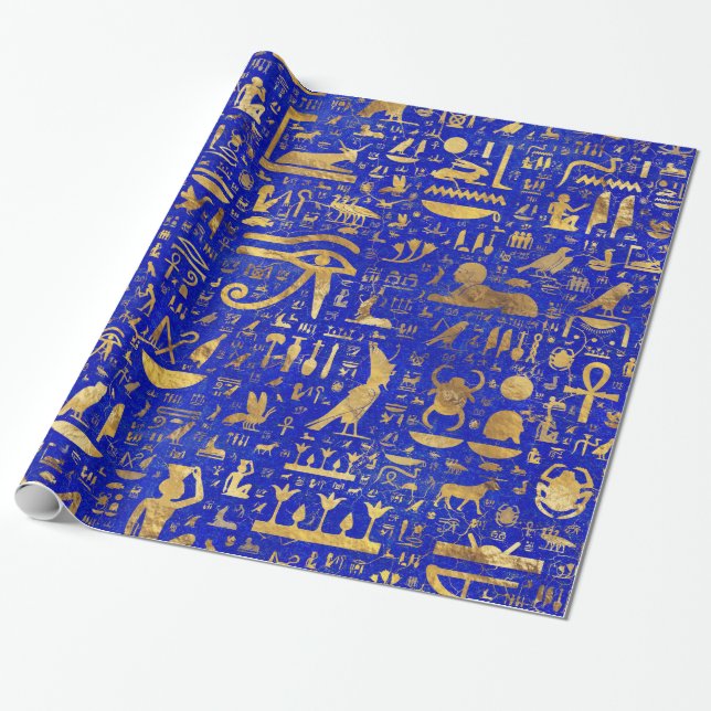 Papel De Regalo Jeroglíficos egipcios - Lapis Lazuli y Gold (Desenrollado)