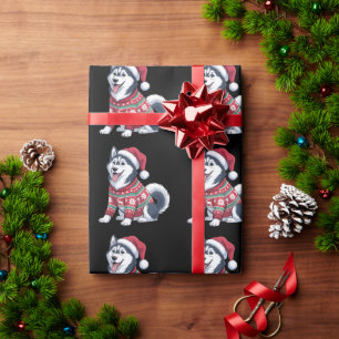 Papel De Regalo Jersey Feo de Perro Husky Siberiano Gorro de Santa