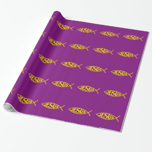 PAPEL DE REGALO JESUS CHRIST ICHTHYS SALVACIÓN DE PECES PURPLE GOL