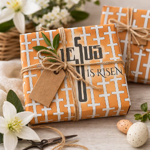 Papel De Regalo Jesús ha resucitado _ cruz retro naranja Pascua