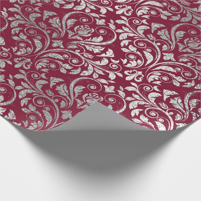 Papel De Regalo Jewelry Royal Damask Floral Maroon Burgundy Silver (Esquina)