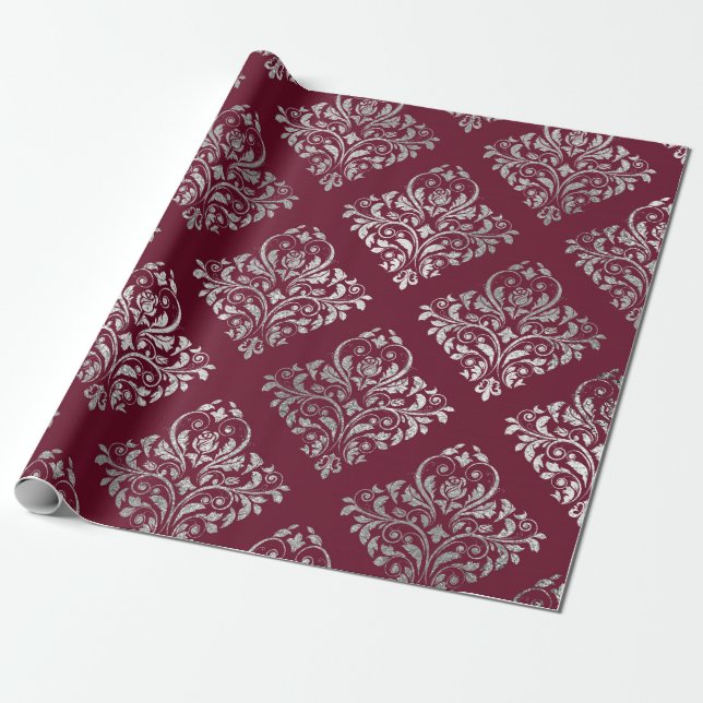 Papel De Regalo Jewelry Royal Damask Maroon Burgundy Vip Silver (Desenrollado)