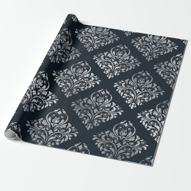 Papel De Regalo Jewelry Royal Ornamate Damask Black Vip Silver (Desenrollado)
