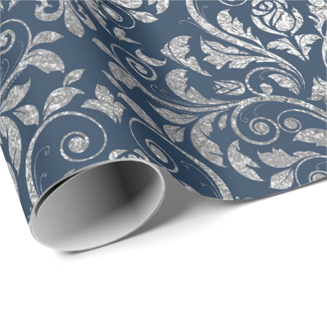 Papel De Regalo Jewelry Royal Ornament Damask Blue Navy Silver (Esquina del rollo)