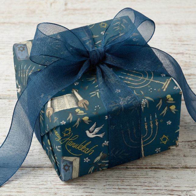 Papel De Regalo Jewish Happy Hanukkah Menorah Navy Blue (Jewish Holiday Hanukkah Wrapping Paper in Elegant Navy Blue for Him. Menorah, Star of David, Torah)