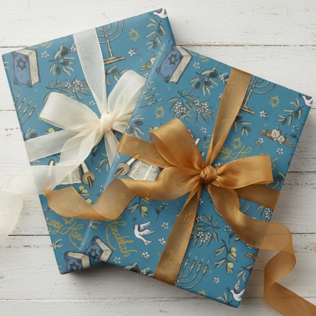 Papel De Regalo Jewish Happy Hanukkah Menorah & Olive Branches (Judaism Religion Hanukkah BlueWrapping Paper. Menorah, Star of David, Dreidel, Torah, Dove, Olives)
