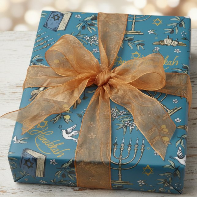 Papel De Regalo Jewish Happy Hanukkah Menorah & Olive Branches (Happy Hanukkah Wrapping Paper. Festive Jewish Menorah, Dreidel, Dove, Olive Branches, Torah Pattern)
