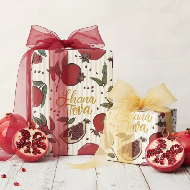 Papel De Regalo Jewish Striped Yellow Shanah Tovah Pomegranate  (Shana Tova Jewish New Year Rosh Hashanah Wrapping Paper. Red Pomegranate Fruit Butter Yellow Stripes)
